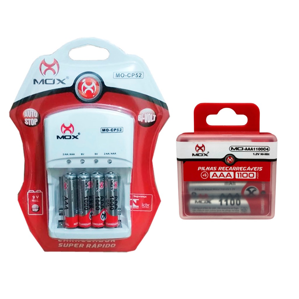 Carregador Mox Pilhas AAA 1100mAh CP52 NFe Recarregáveis com Desligamento Automático e Led Inmetro