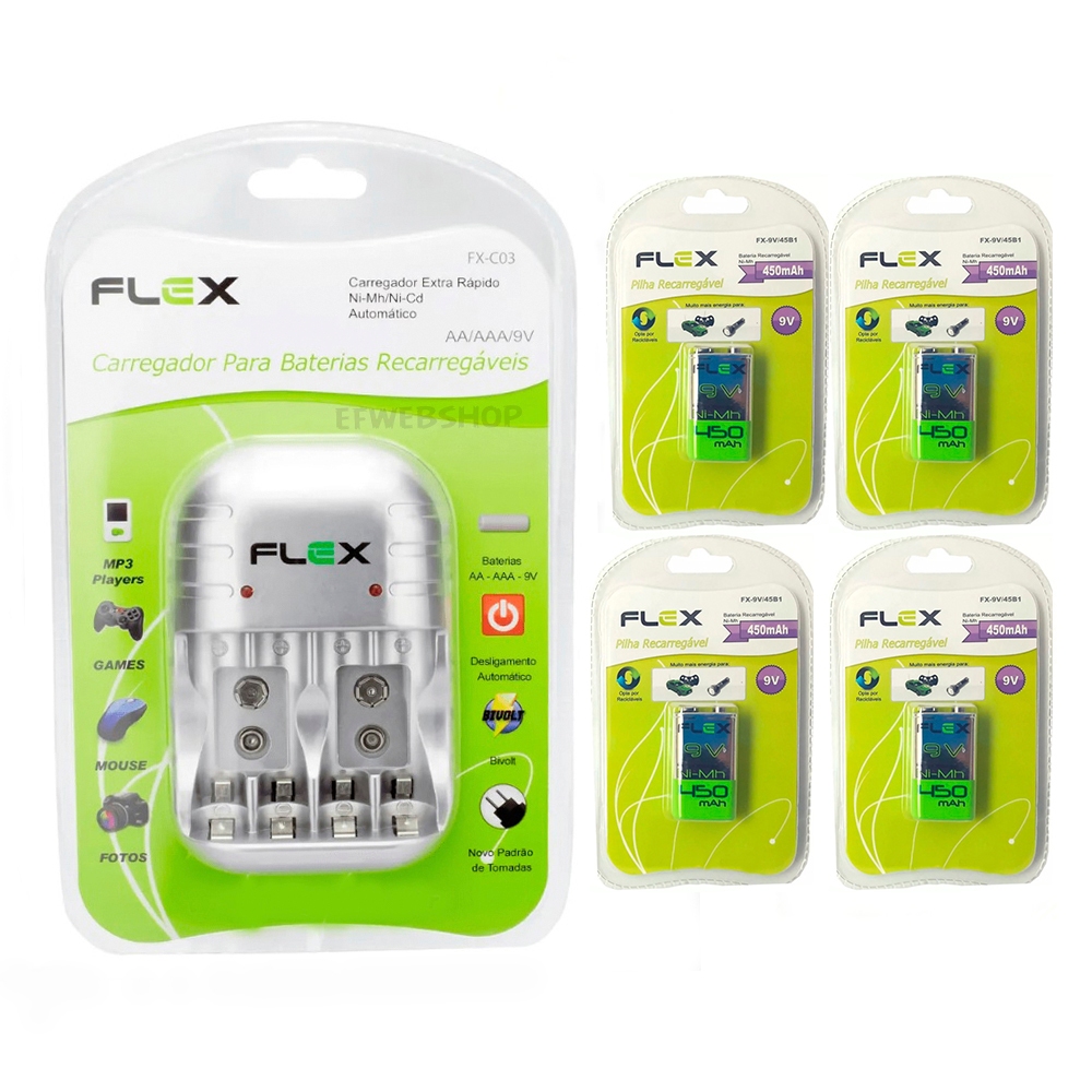 Carregador de Baterias Recarregáveis Flex 9v 450mAh Microfone Violão FX-9V/45B1 FX-C03