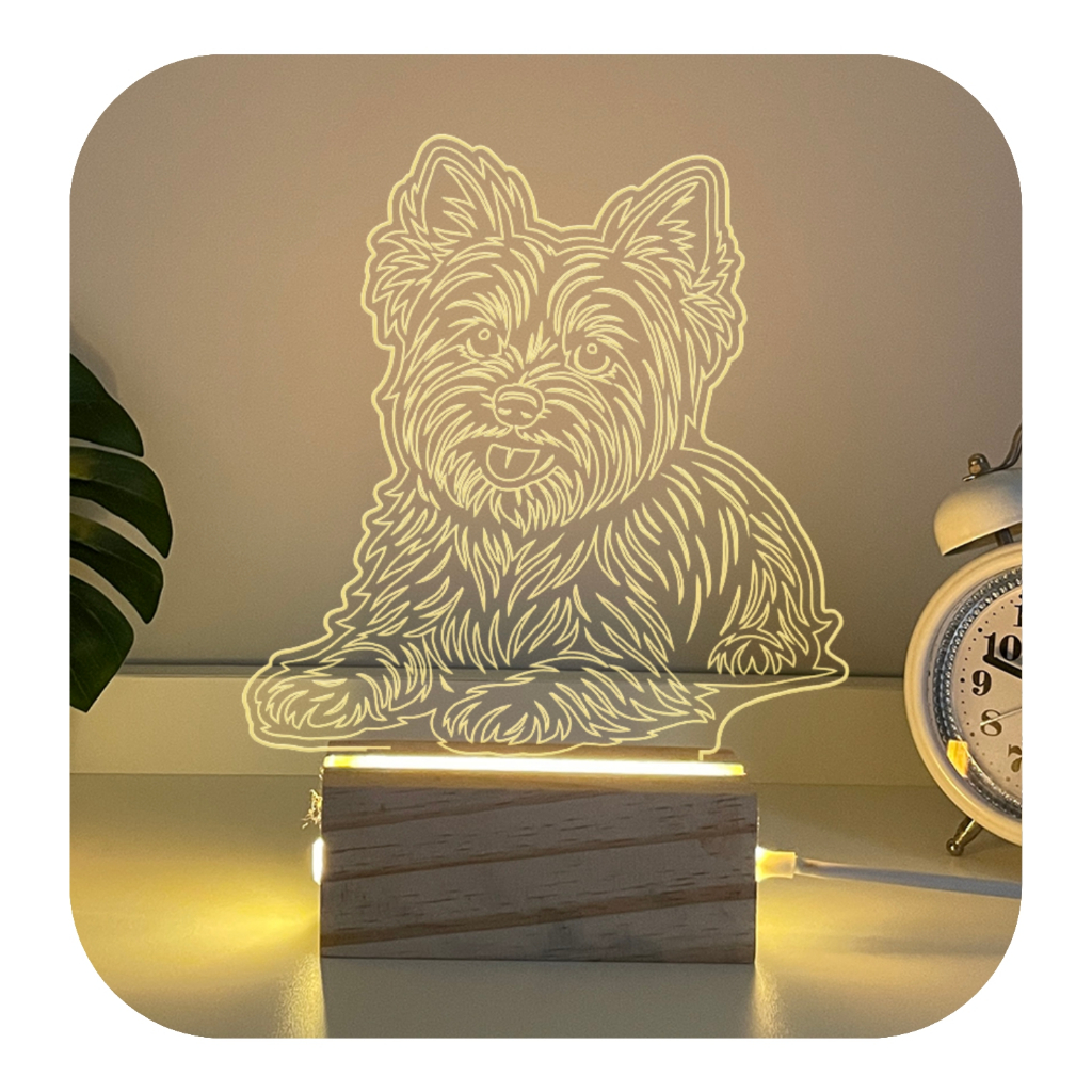 Luminária de Mesa Cachorro Yorkshire Terrier Em Madeira Luz Acrílico Luxo Quarto Decorativo