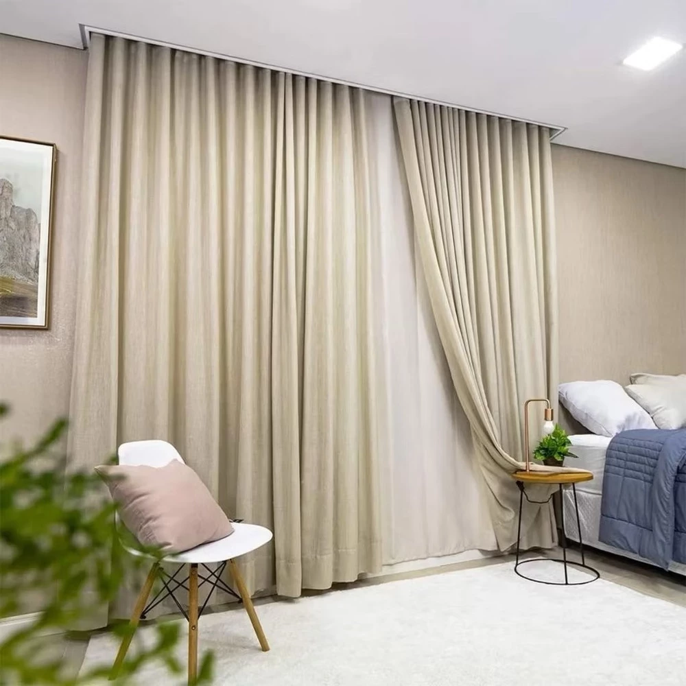 Cortina Trilho Suíço Duplo Gaze de Linho com Blackout 100% Vedação em tecido Luxo WAVE