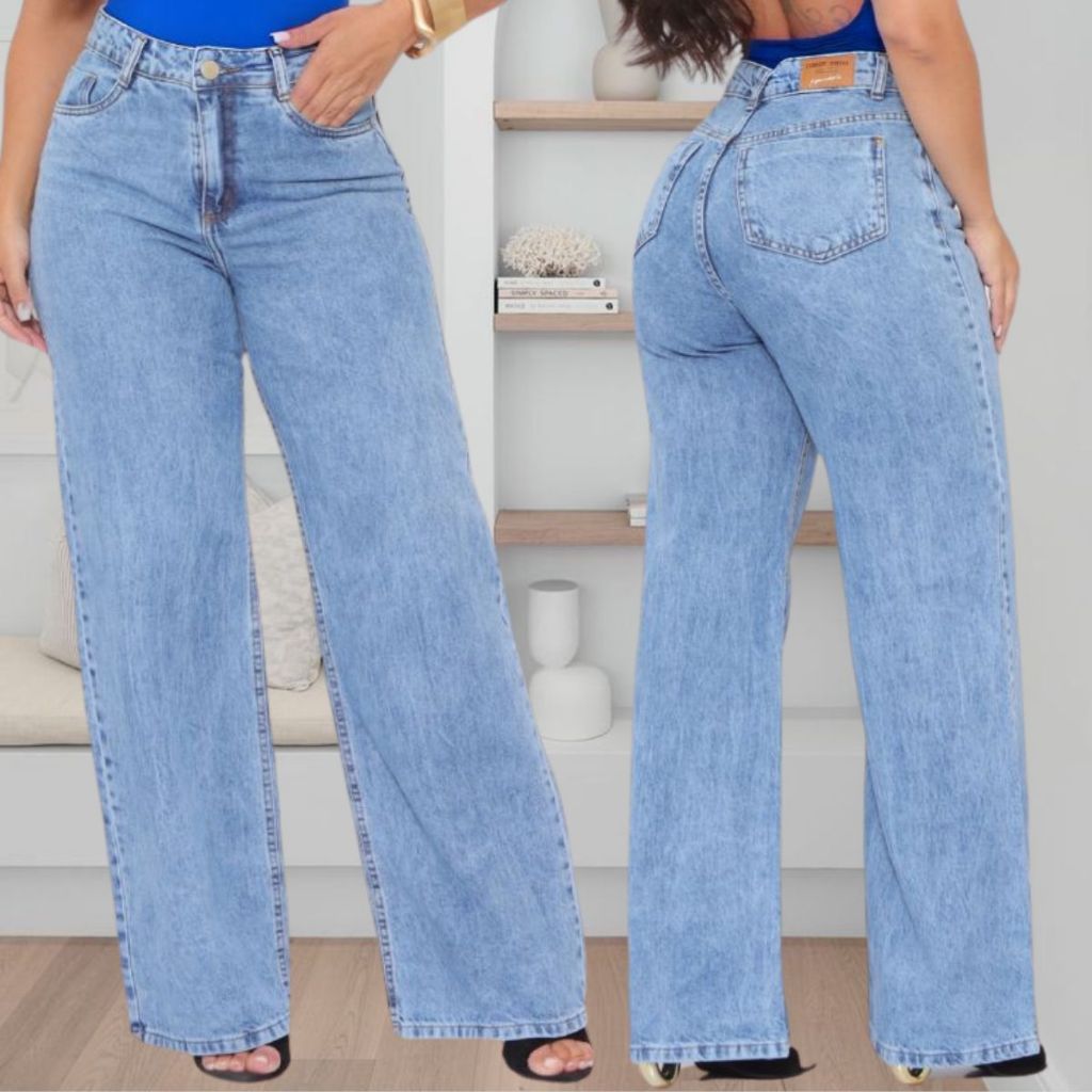 Calça Wide Leg Jeans Feminina Pantalona Cintura Alta Marmorizada Moda Gringa tecido grosso premium em Oferta na Shopee