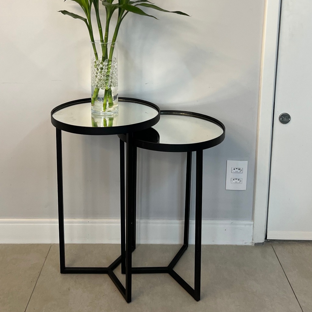 Conjunto Mesa Lateral Steel Glass em Aço Inox Tampo Com Espelho - LH Móveis