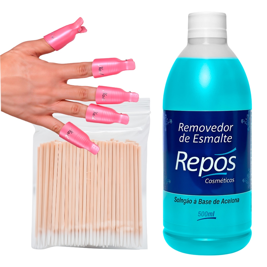 Removedor Esmalte Repos 500ml Dedal Removedor Palito Algodão Kit Manicure Gel Acrigel Unha