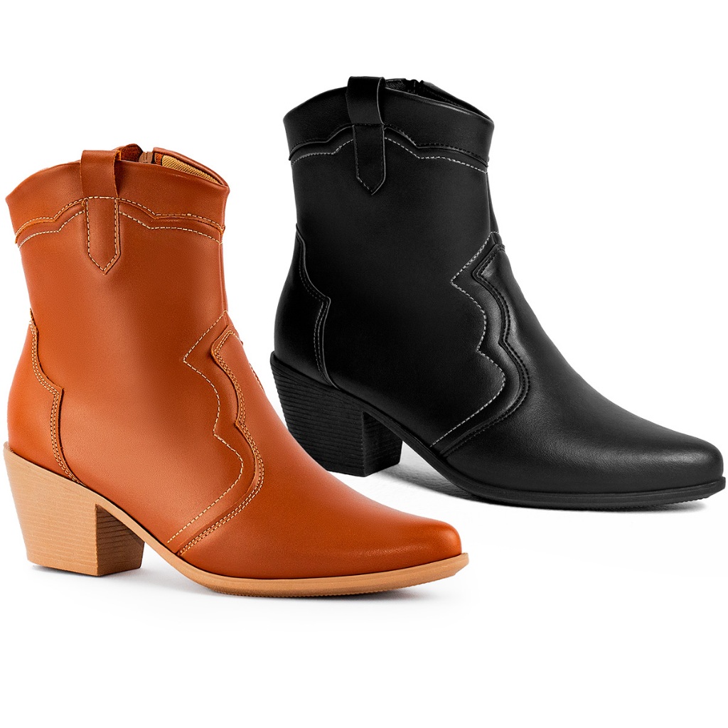 Bota Feminina Lumiss Cano Curto Western Confortável Texana Salto Grosso Country Bico Fino ...