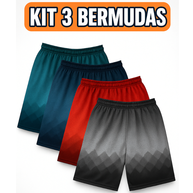 KIT COM 3 Bermuda Short Dry fit Helanca Masculino Calção Leve Esportes Academia Treino Verão