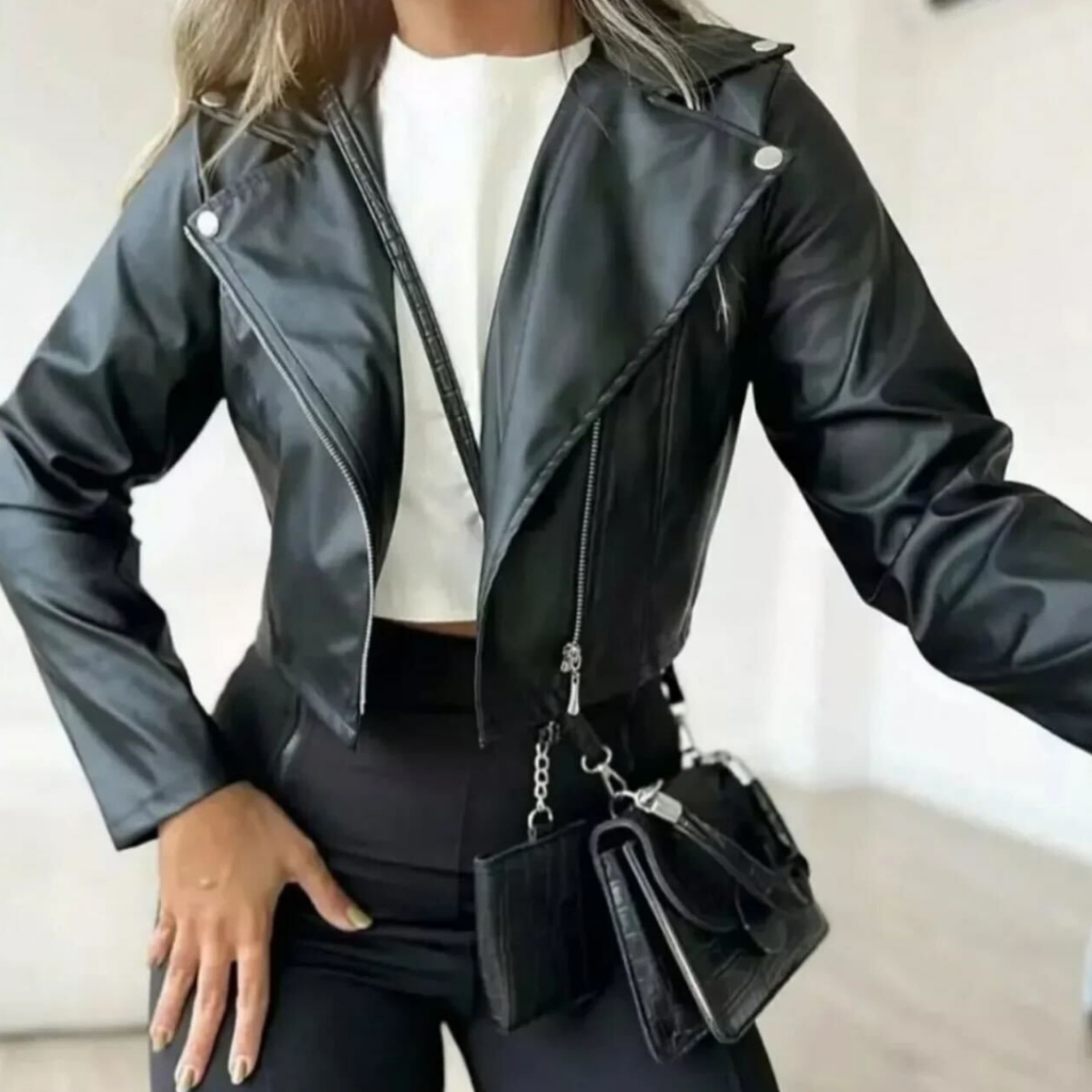 Jaqueta Feminina De Couro Fake Sintético Moda Casual Elegante Tendência Inverno