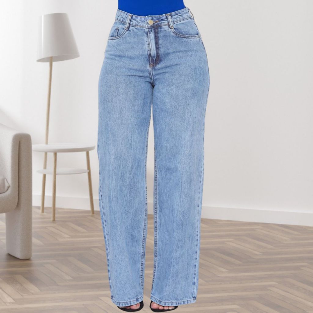 Calça Wide Leg Pantalona Jeans Feminina Cintura Alta  Levanta Bumbum Marmorizada cos alto ...