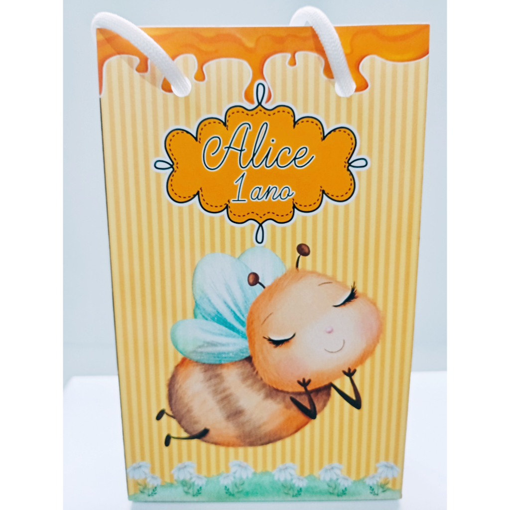 Sacolinha Personalizada Abelhinha para Lembrancinha Festa Infantil Sacola Surpresa, tamanho PP (15,6 x 9,3 x 4,3 cm).
