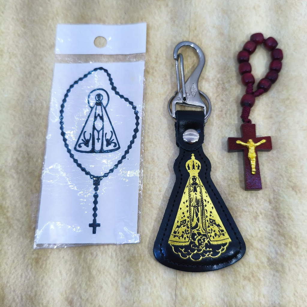 Kit Religioso Católico | Terço de Dedo + Chaveiro Couro Nossa Senhora Aparecida + Adesivo