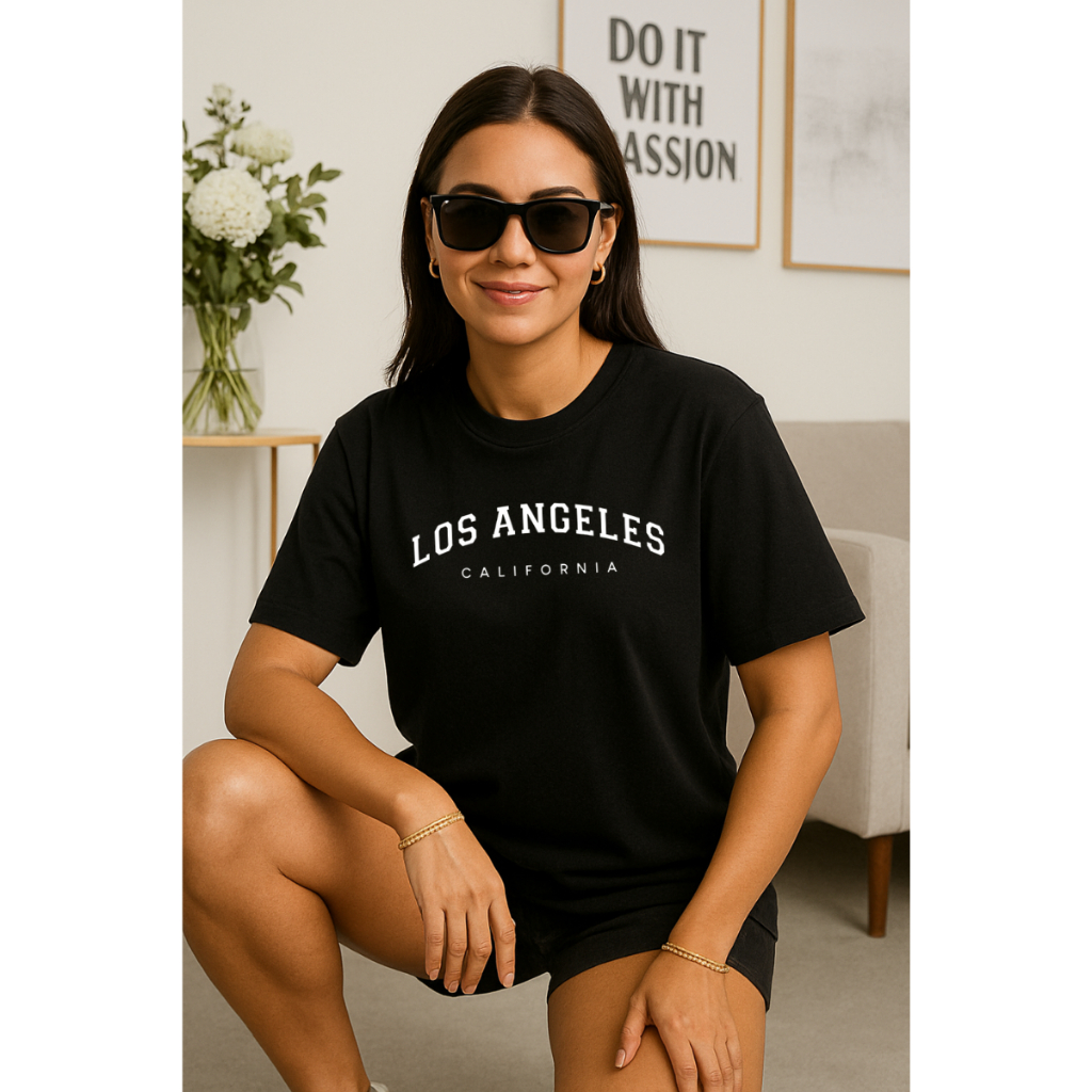 Camiseta Feminina Oversized Streetwear Los Angeles C.A Estampada Moda Blogueira Manga Curta Algodão Estilo Academia