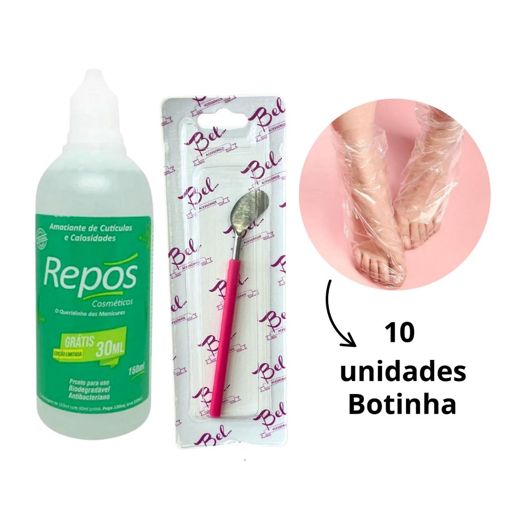 AMACIANTE DE CUTÍCULAS REPOS + ESPÁTULA PLANTAR + 10 BOTINHAS DESCARTÁVEIS