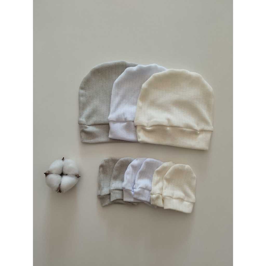 Kit 3 Touca e 3 Pares De Luva Bebê Recém-Nascido Malha Canelada RN