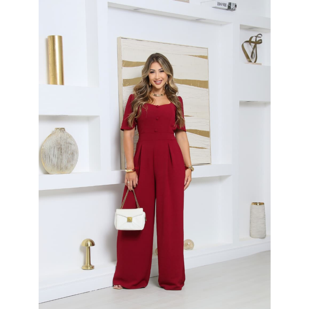 Macacão de Alfaiataria duna Feminino com Mangas Curtas e calça pantalona botões