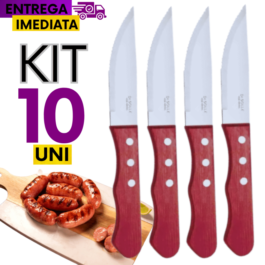 Jogo Kit 10 Peças Facas Inox Premium de churrasco cabo madeira Outback inox 24,5cm  Serra Variáveis Utilidades