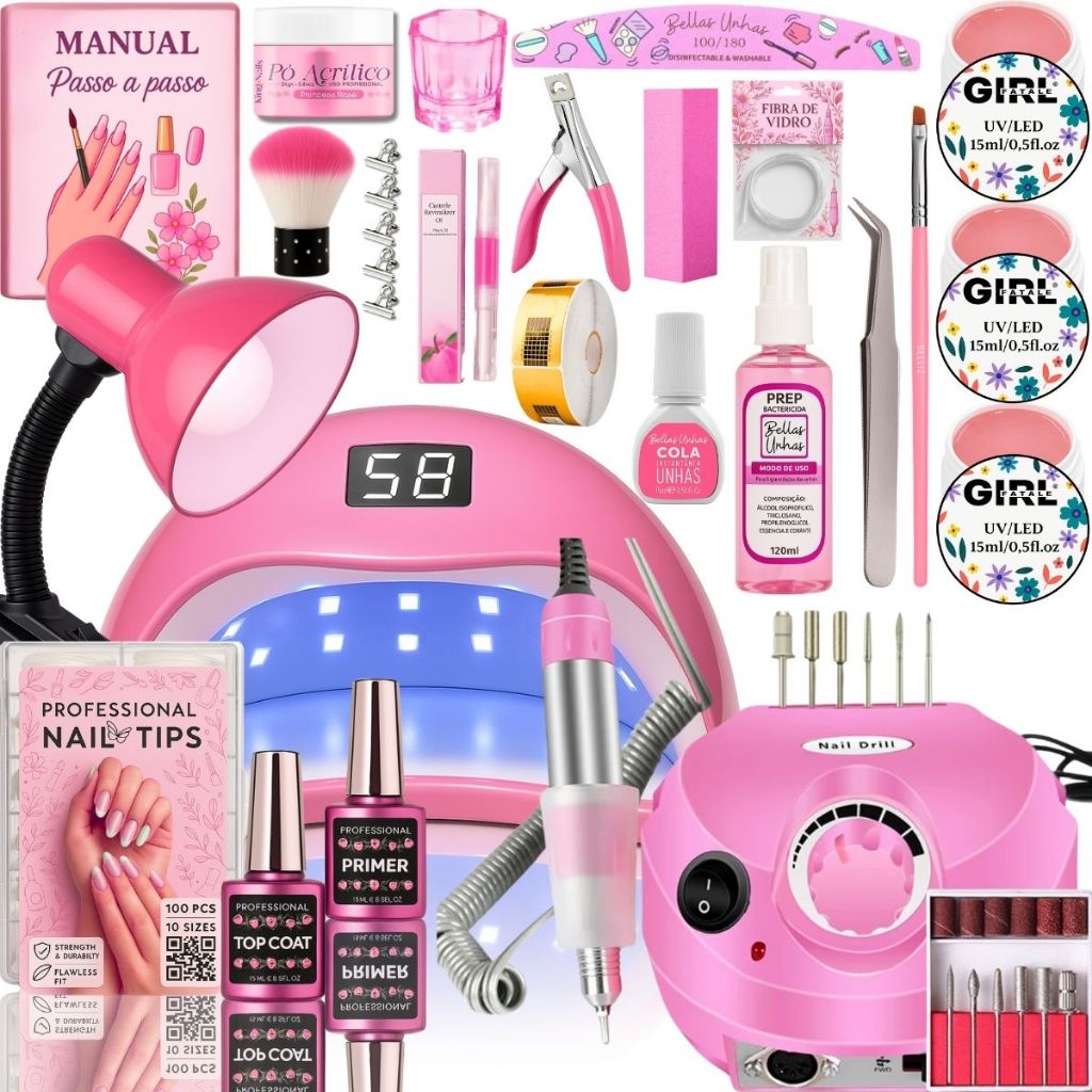 Kit Unhas em Gel Completo Profissional Manicure Cabine Lixadeira Porquinho 50.000