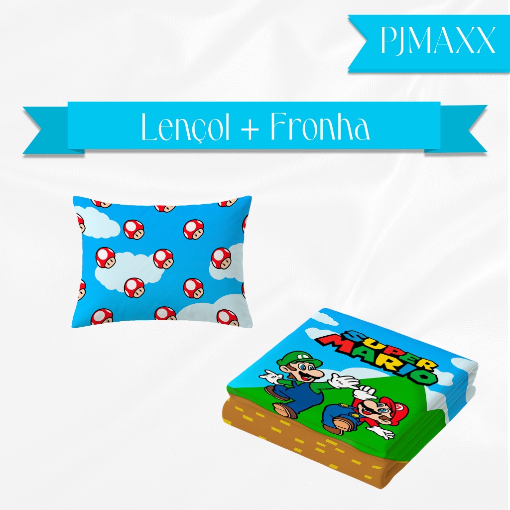 Jogo de Cama Infantil Lençol e Fronha Tema Super Mario Jogo Video Game Menino