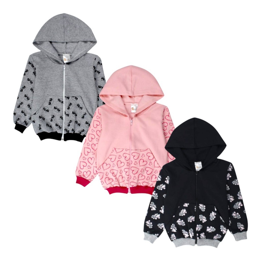 Jaqueta Infantil Menina Estampada Com Bolso Zíper E Capuz