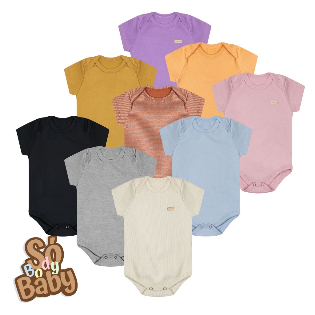 kit 3 Body Manga Curta Ribana/Suedine Liso e Estampado Avulso - Tamanhos P/M/G