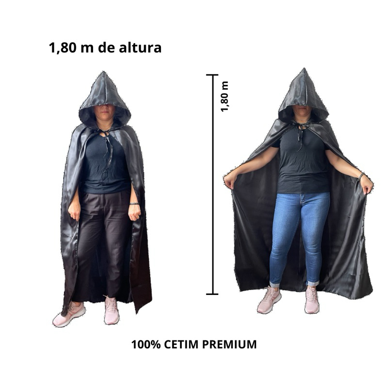 CAPA LUXO HALLOWEEN - CETIM BRILHOSO COM CAPUZ ADULTO 1,80m | BRUXA, VAMPIRO, EXU