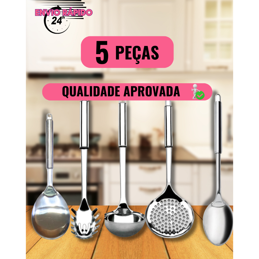 KIT 5 UTENSÍLIOS DE COZINHA AÇO INOX COLHER DE ARROZ CONCHA ESCUMADEIRA PEGADOR