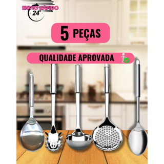 KIT 5 UTENSÍLIOS DE COZINHA AÇO INOX COLHER DE ARROZ CONCHA ESCUMADEIRA PEGADOR em Oferta na Shopee