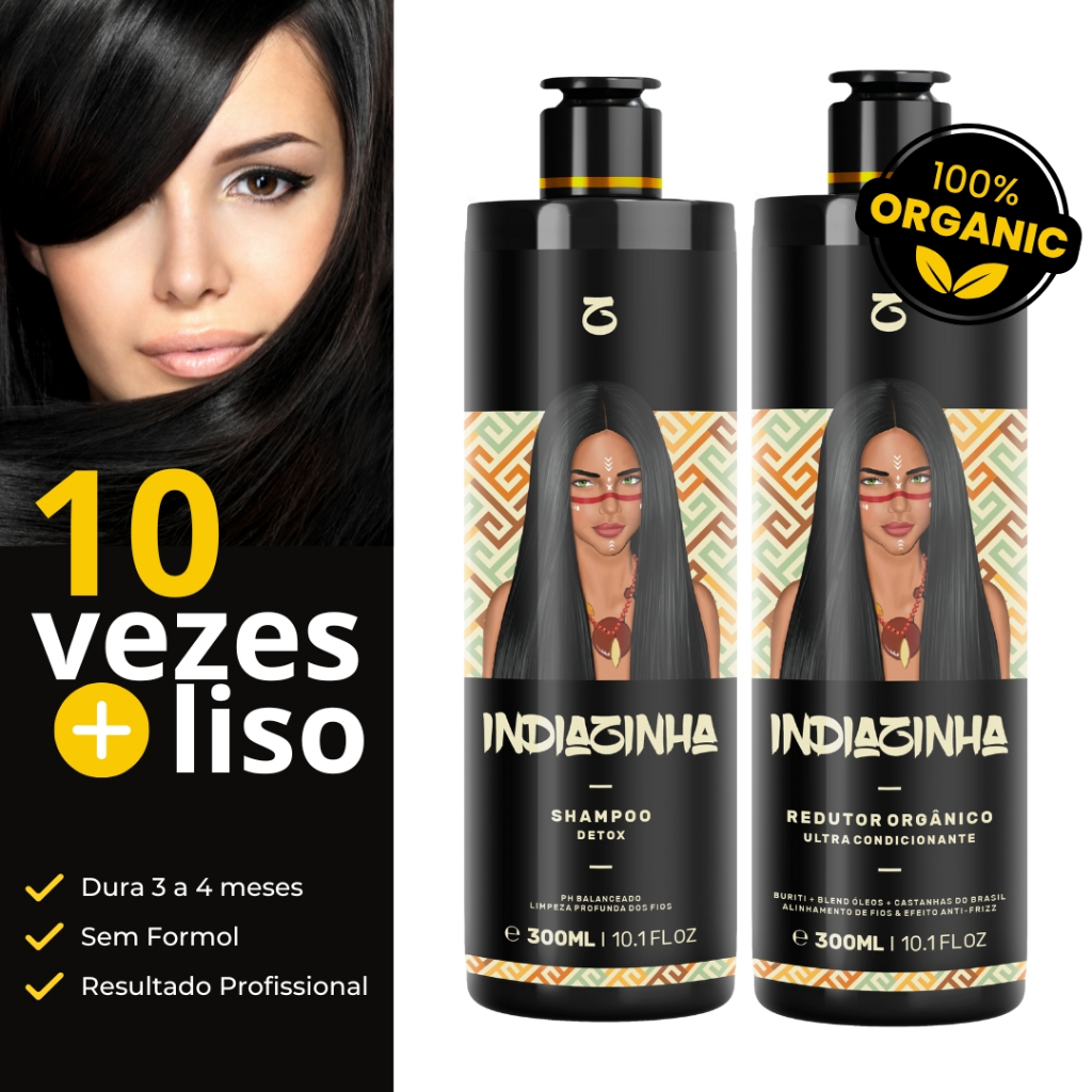 Escova Progressiva Sem Formol Profissional Indiazinha Orgânica Sem Cheiro Não Arde Liso Extremo 2x300ml De 3 A 4 Meses