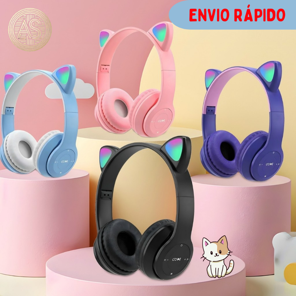 Fone de Ouvido Bluetooth Gatinho Orelha Em Luz de LED RGB Sem Fio Infantil