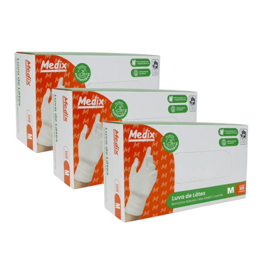 Kit 3 Luvas descartável de látex Profissional com Pó Medix