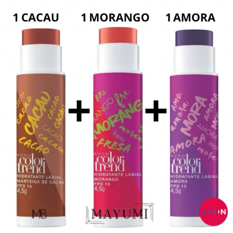 Hidratante Labial Avon Color Trend Kit 3 Unidade Morango Amora Cacau.