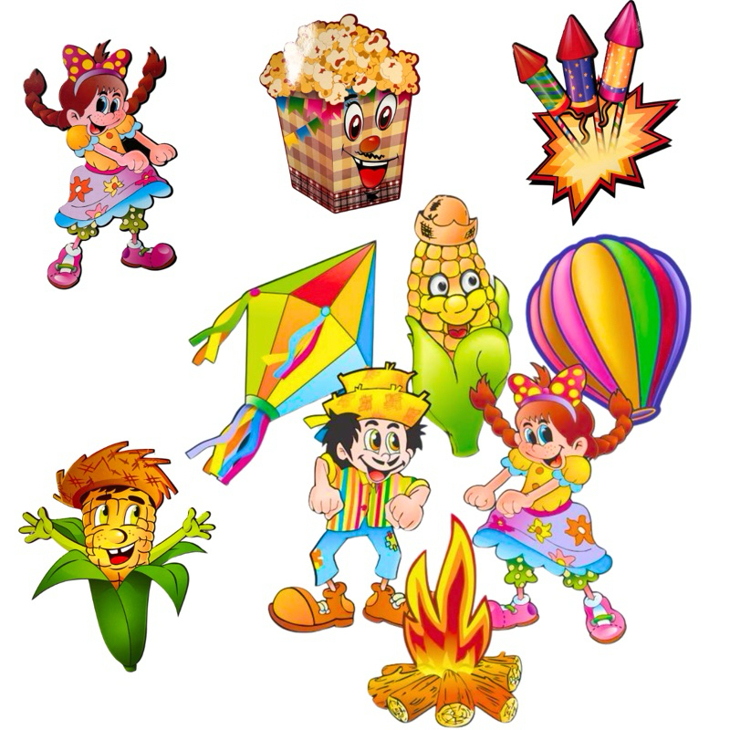 Kit Decoração Festa Junina – Sortidos Painel Bonecos Caipiras, Milho, Fogueira, Balão Enfeite Arraiá