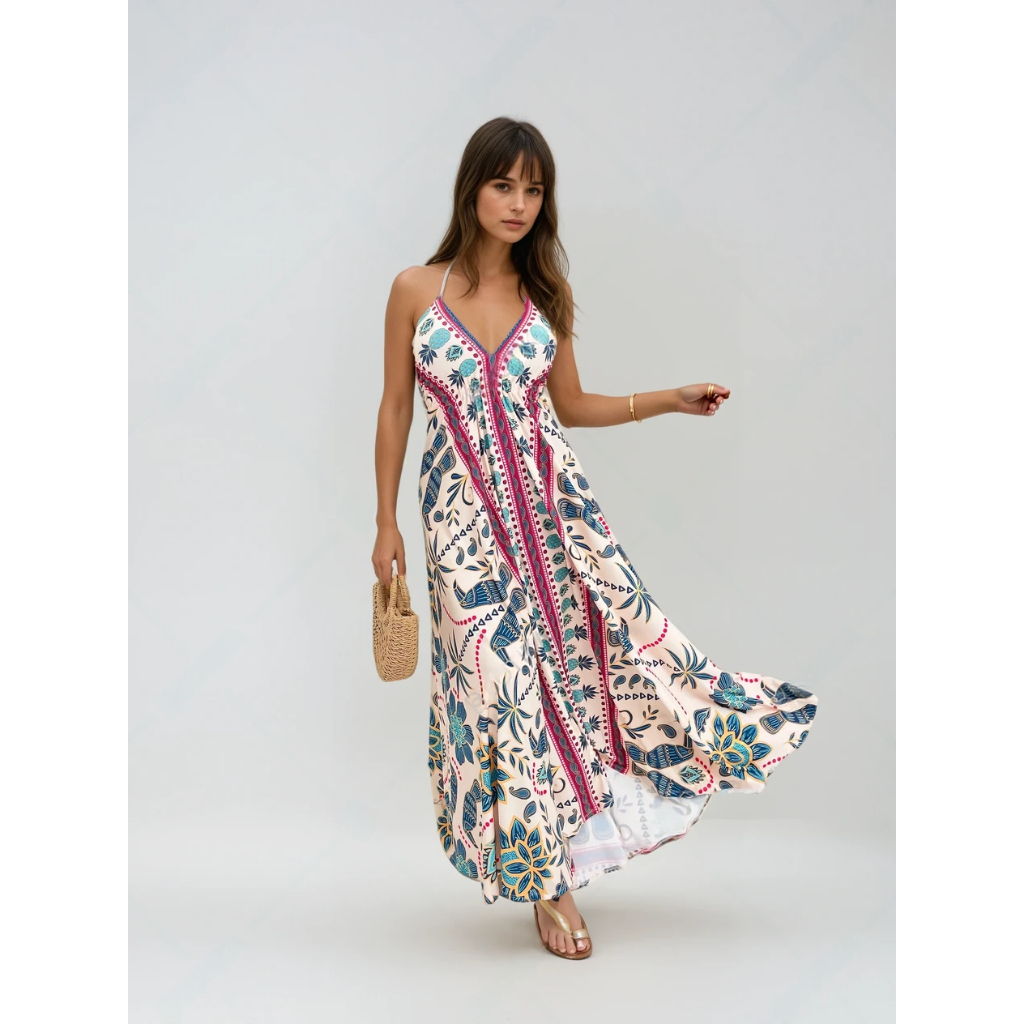 Vestido Longo Estampado Fluity | Alças Finas | Estilo Praia Chic - Vestido Indiano - Inspi...