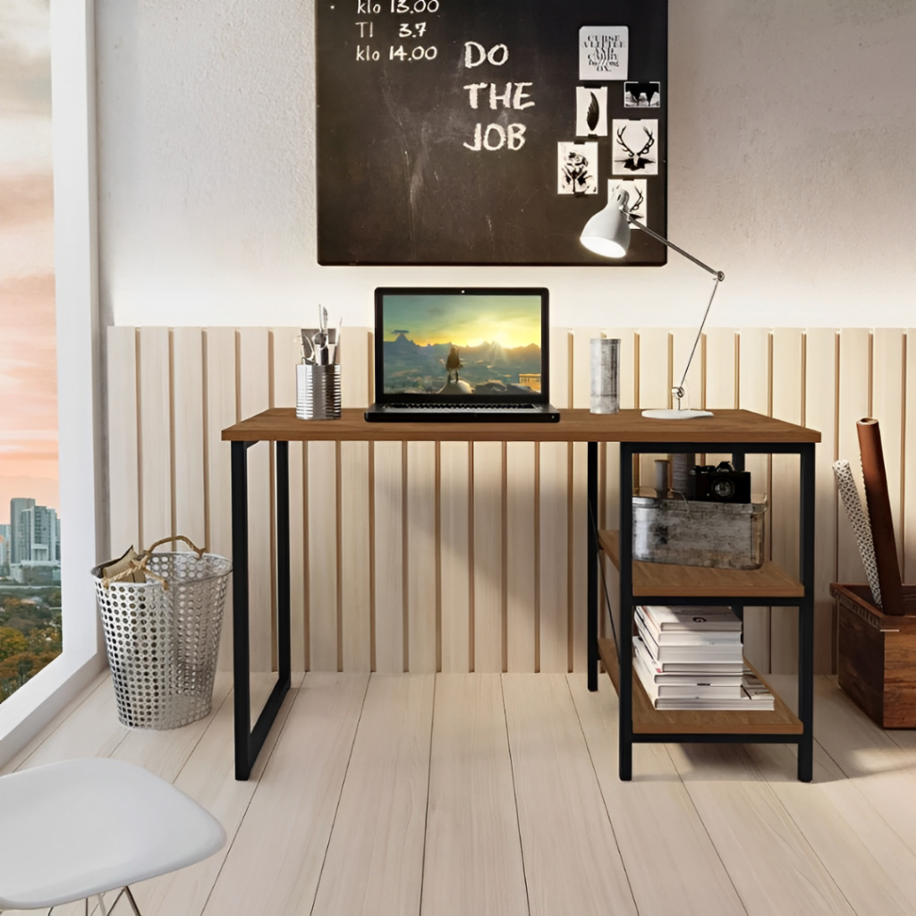 Mesa Escrivaninha Industrial Home Office C/prateleiras De Metal