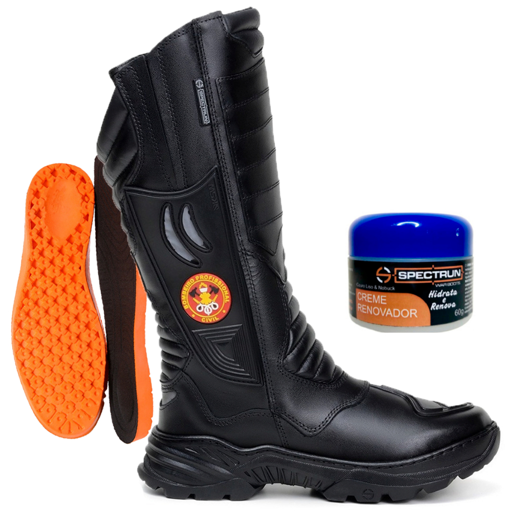 Kit Bota Bombeiro Civil Creme renovador palmilha ortopedia Cano Alto Couro Antiderrapante Refletiva Zíper Lateral
