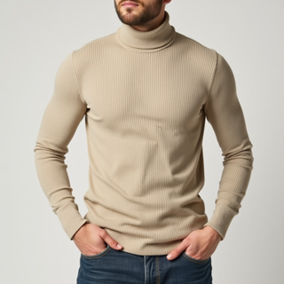 Blusa Manga longa canelada cacharrel de Frio Masculina Suéter Camiseta Gola Alta em Oferta na Shopee