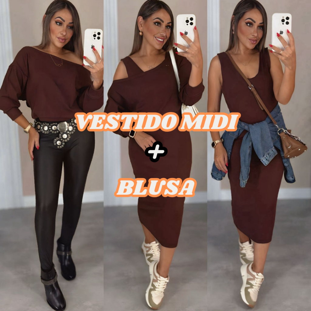 Conjunto de Vestido Midi com Blusa com Ombro a Mostra Moda Femenina Feito de Tecido Ribana Premium tamanho unico
