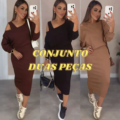 Conjunto de Duas peças Feminino Vestido Midi com blusa de manga 3/4 Feito em Tecido Ribana Premium Básico