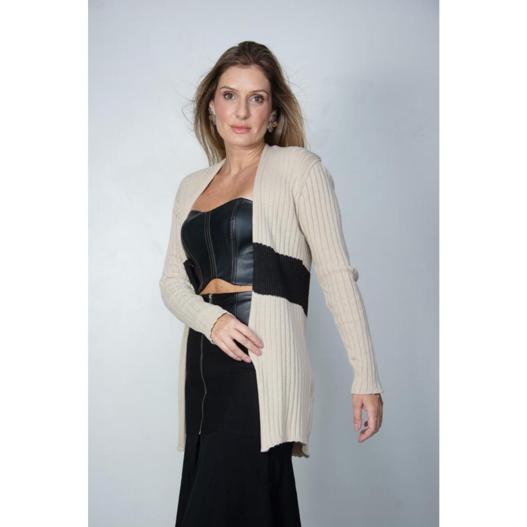 Cardigan de Tricot Estilo Casaco Kimono Feminino Canelado Largo com Listra na Cintura