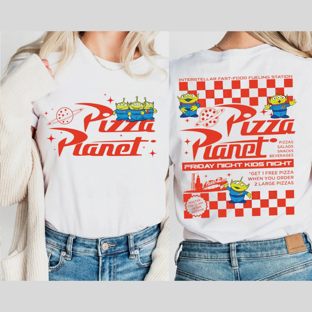 Camiseta e Baby Look Feminina Aliens Pizza Planet, Toy Story Alien, Blusa Frente e Costas, Blusinha Plus Size