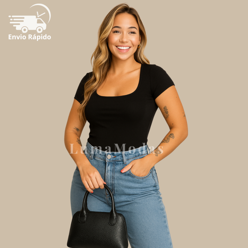 Blusa Baby Look Feminina Básica Decote Quadrado Com Manga Curta Moda Blogueira Tendência