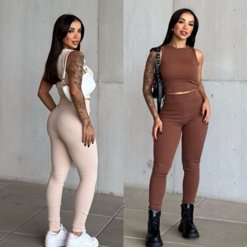 Conjunto Feminino Aerolook canelado calça e cropped regatinha Nadador academia