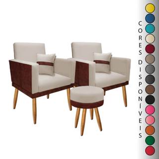 Kit 02 Poltronas para Sala Decorativa Lis com Almofada e Puff Redondo Corino Peroba e Sued...