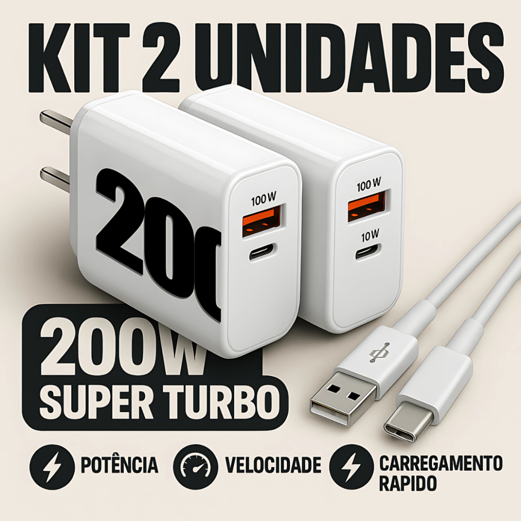 Kit 2 Carregadores Turbo 200W Super Rápido Tipo-C USB Compatível Xiaomi Samsung Motorola iPhone