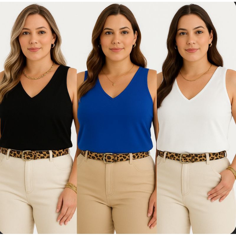 Kit 3 Regatas Femininas Social Gola V Tecido Duna em Oferta na Shopee