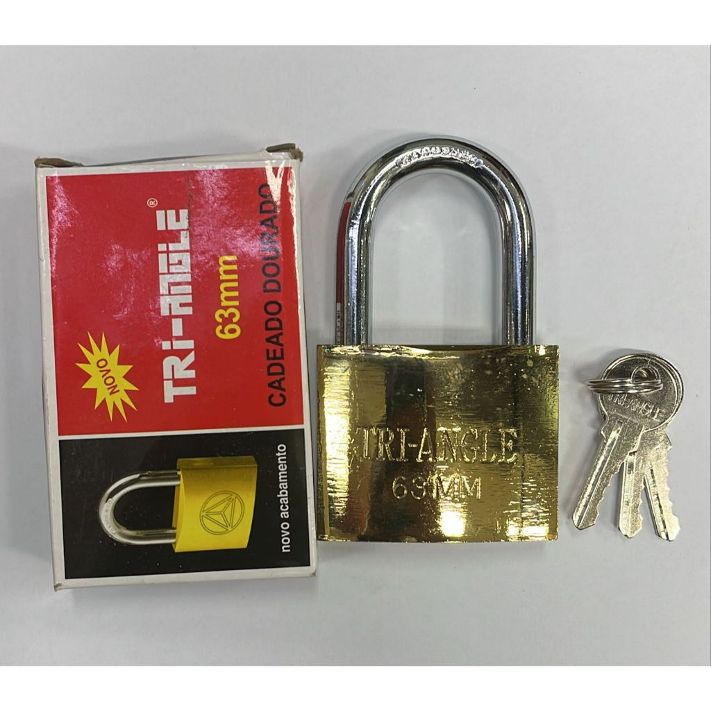 Cadeado 63mm Chave Comum Latonado TRIANGLE Grande e Forte P/ PORTÕES-BAÚS-CONTÊINERES