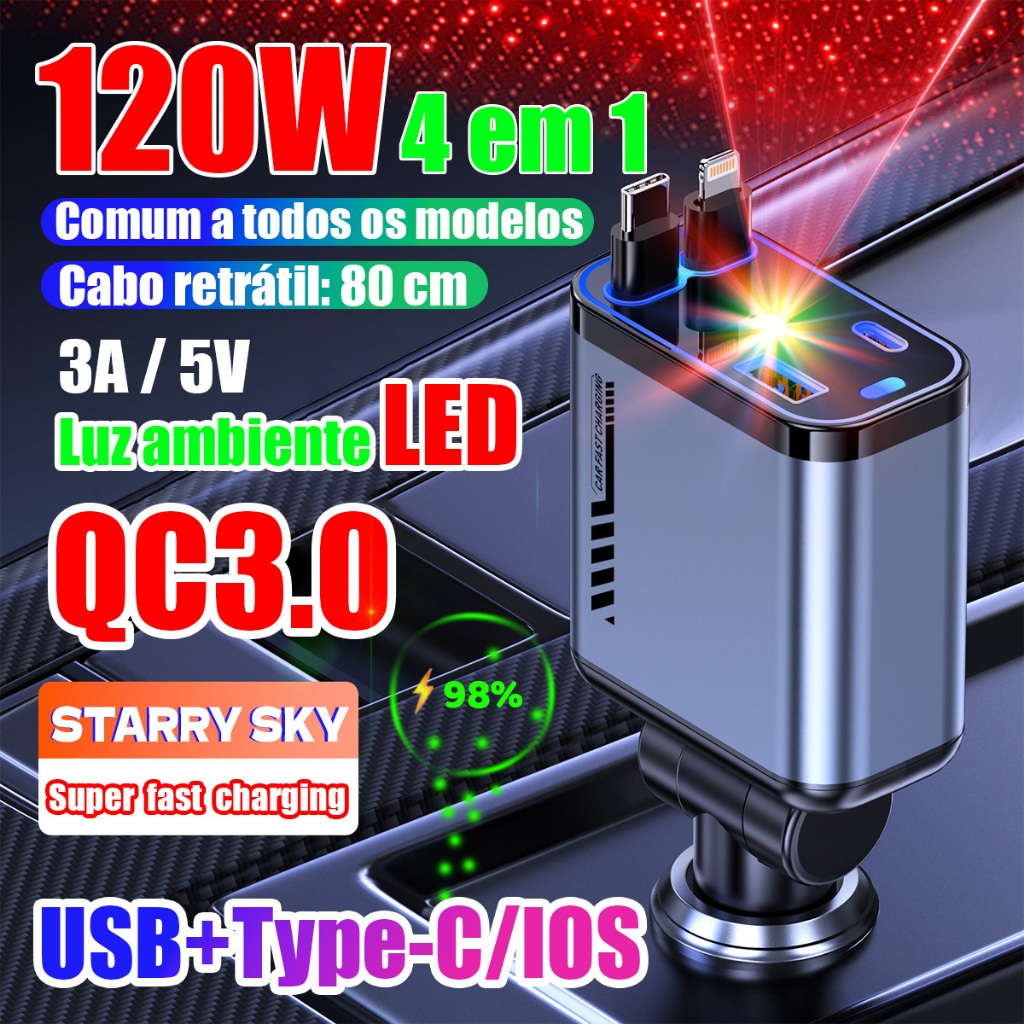 carregador de carro 120W USB/IOS/TYPE-C Adaptador 4 Em 1 usb veicular com LED carregador super turbo