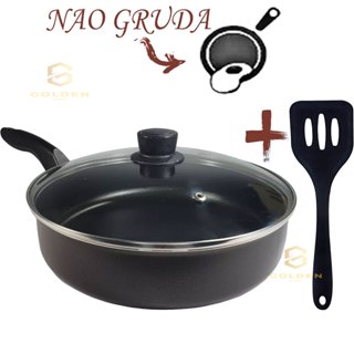 Frigideira Alta 18 cm Antiaderente Teflon com Tampa de Vidro e Espátula Cor Grafite em Oferta na Shopee