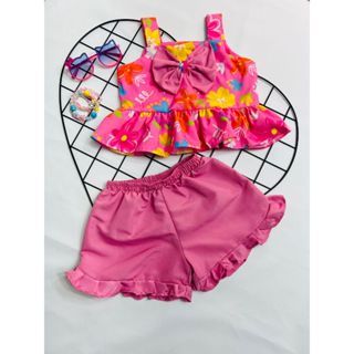 🌸 Conjunto Infantil Feminino Rosa Bebê (0 a 10 anos) - Blusinha Estampada com Laço + Short com Babado 🌸