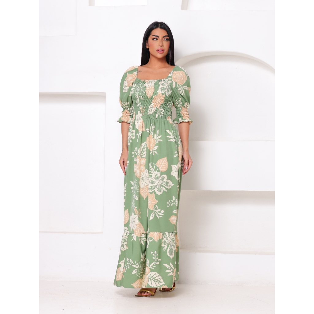 Vestido Longo Estampa total Floral Plantas Com Manga Princesa Babado