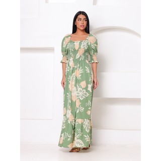 Vestido Longo Estampa total Floral Plantas Com Manga Princesa Babado