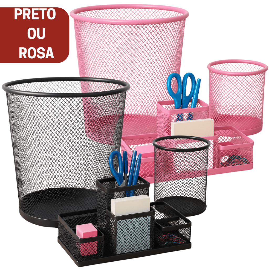 Lixeira Organizador De Escritório Preto Rosa Porta Treco Caneta Lixo